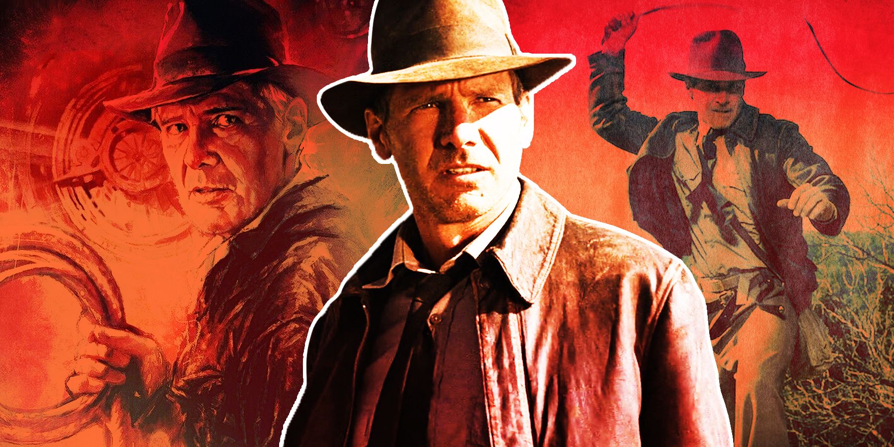 A composite image features Harrison Ford as Indiana Jones through the years