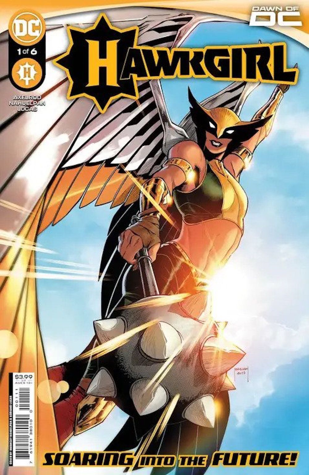 The cover of Hawkgirl #1, Kendra Saunders's Hawkgirl flying in the sky, her wing framing the cover.