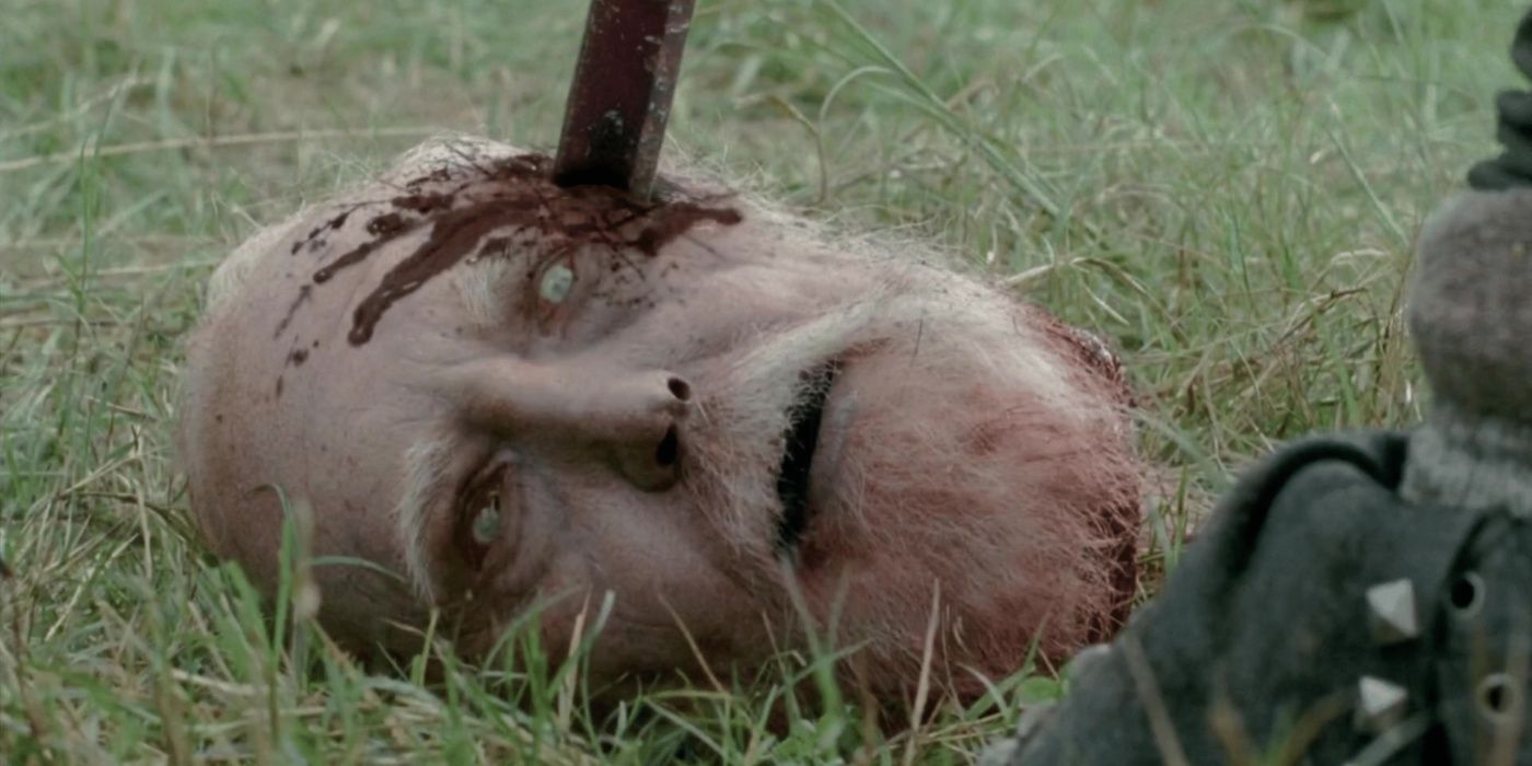 Hershel's reanimated zombie head is stabbed with a sword in The Walking Dead