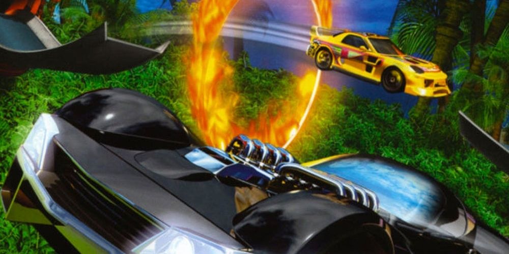 Carros saltam por obstáculos perigosos na capa do Hot Wheels Stunt Track Challenge