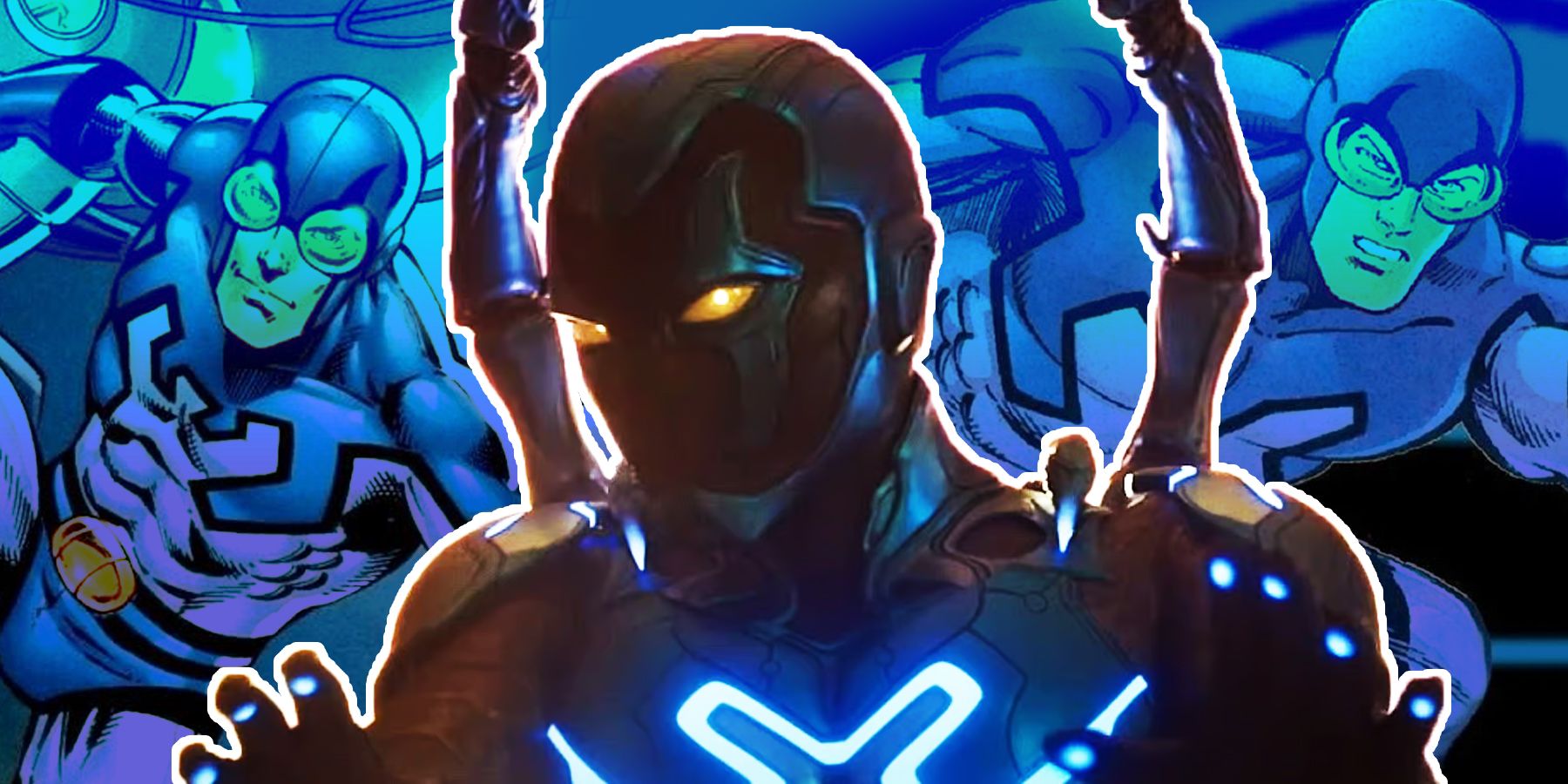 Jaime Reyes' Blue Beetle as seen in 2023's Blue Beetle and Ted Kord's Blue Beetle as depicted in DC Comics