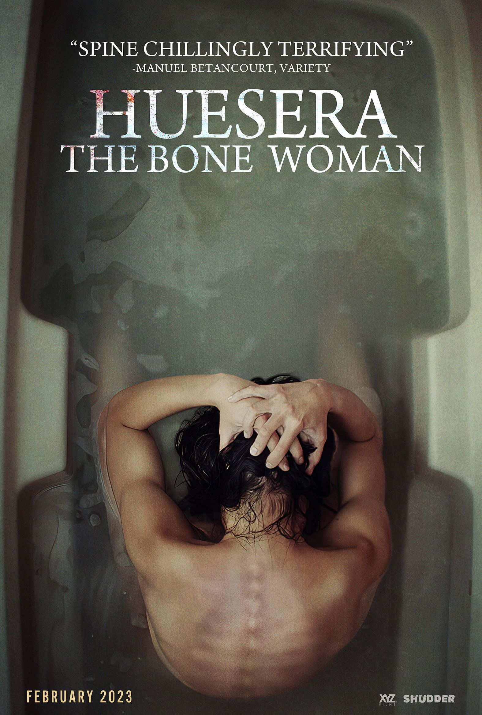 A woman in a tub holding her head in her hands with a visible spine and rib cage on the Huesera The Bone Woman Film Poster