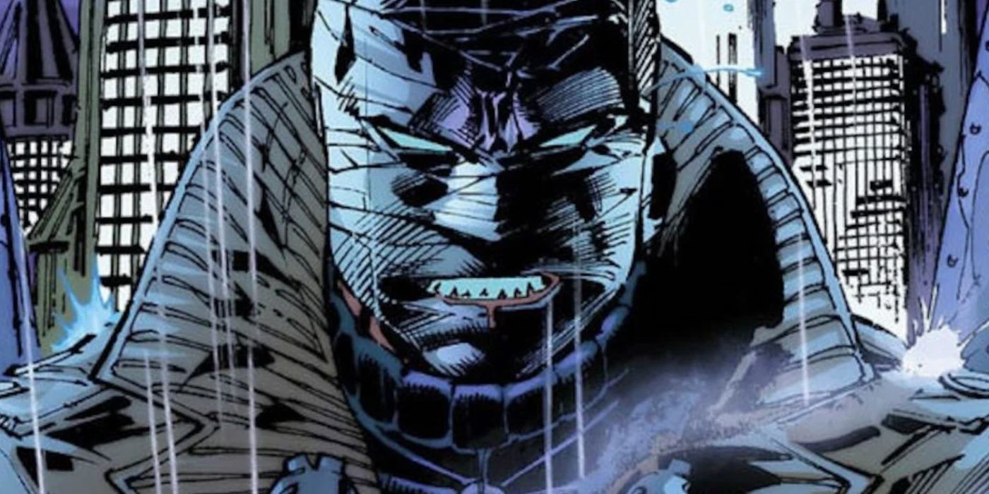 Hush grimacing on a rainy night in Gotham City in DC Comics.