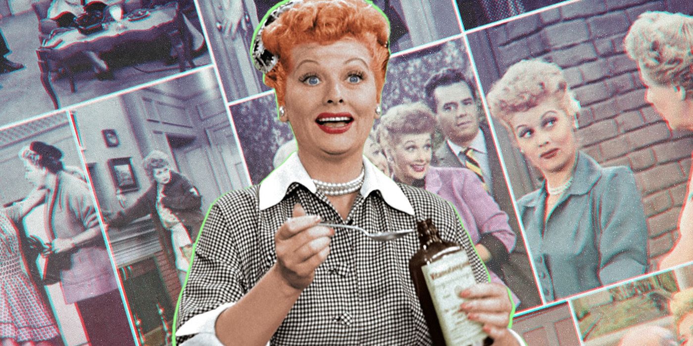 Lucille Ball holding a bottle of medicine in front of a collage of I Love Lucy episodes