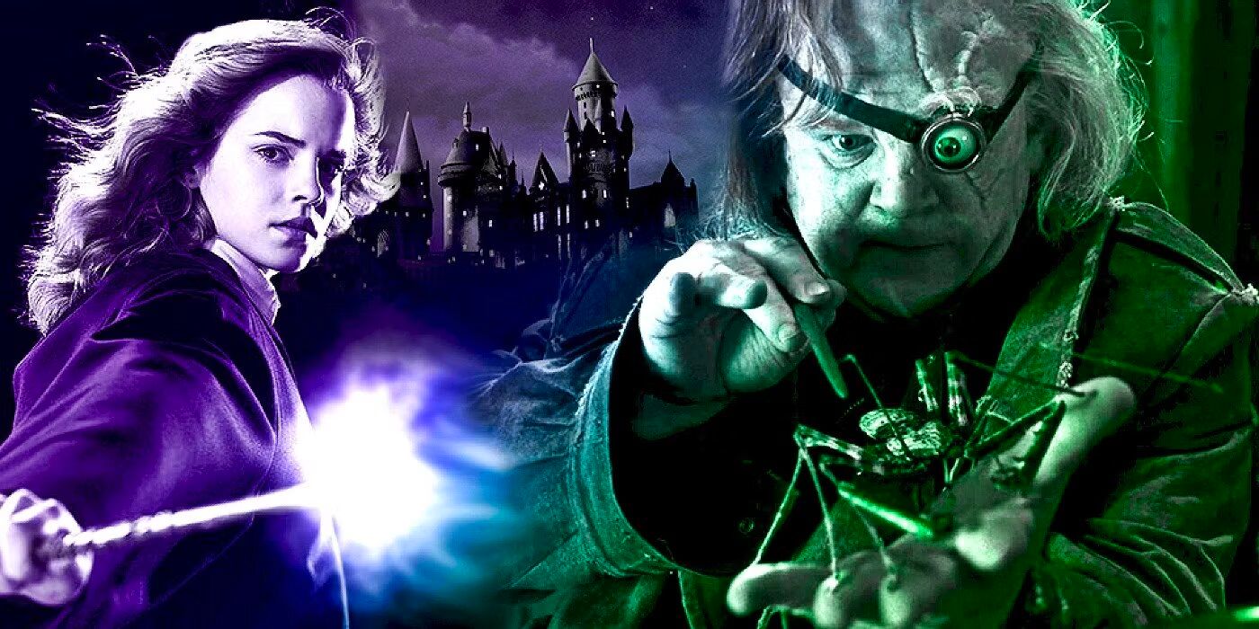 Hermione Granger and Mad Eye Moody casting magic spells from their wands in front of Hogwarts in Harry Potter
