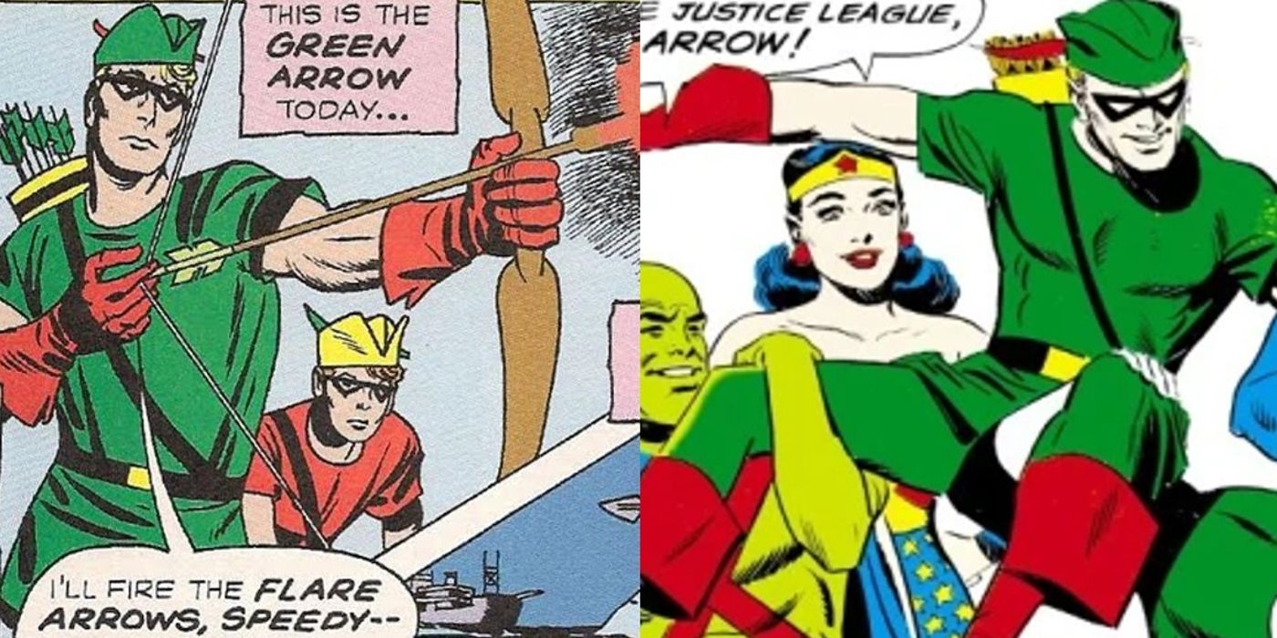 Green Arrow fires an arrow beside Green Arrow being held up by the JLA in various comics