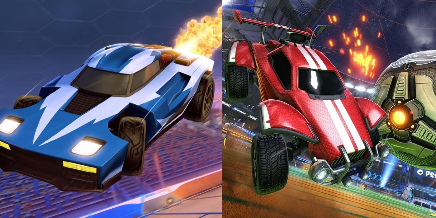 Blue and red cars perform aerial stunts in Rocket League