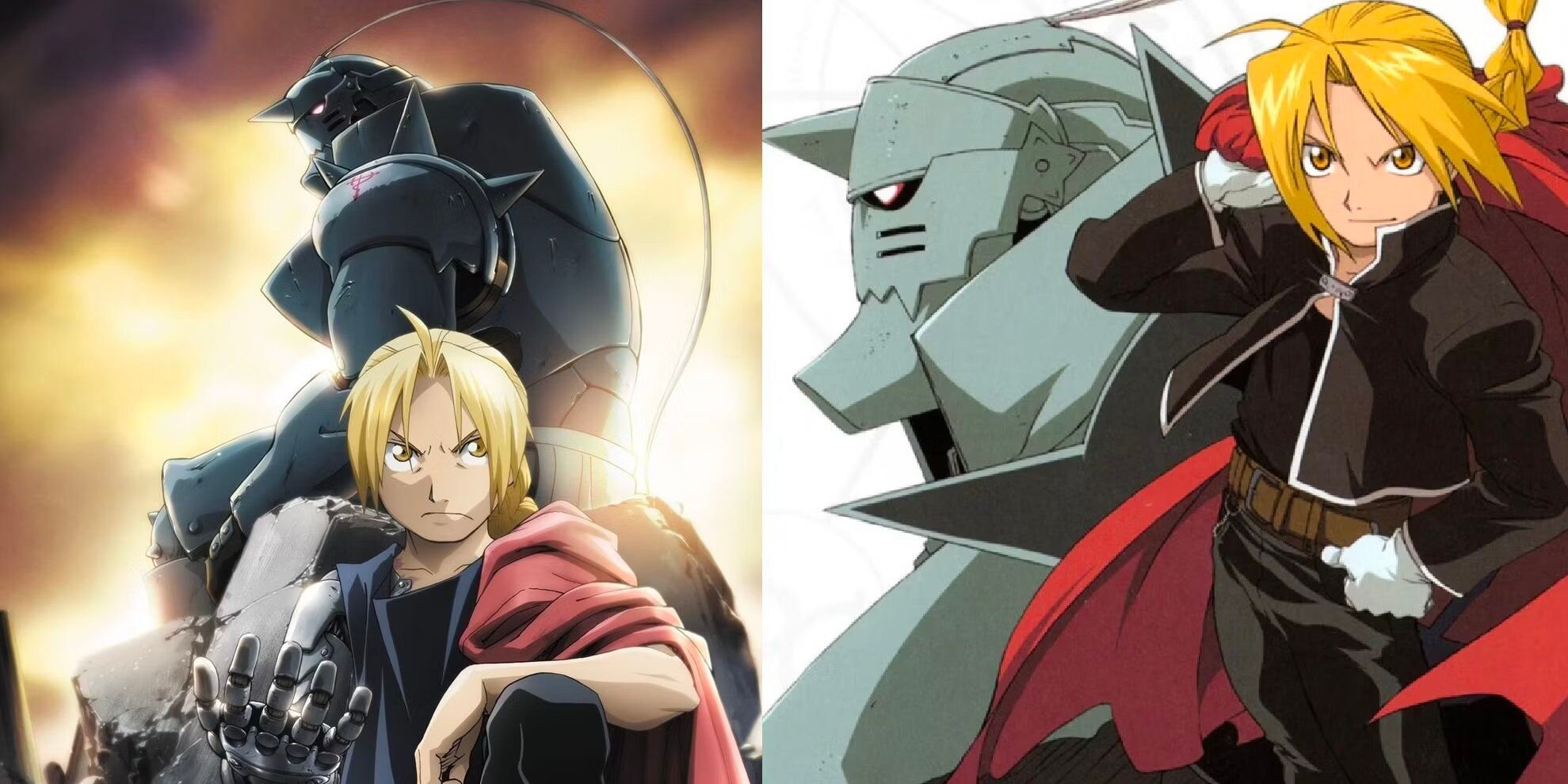 Split image of the Elric brothers in FMAB on the left and the 2003 FMA on the right.