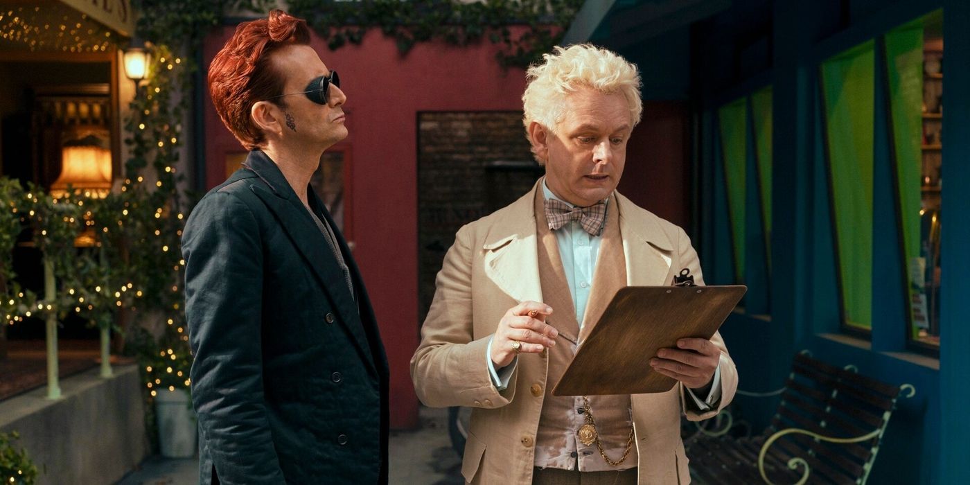 David Tennant, who plays Crowley on Good Omens, and Michael Sheen, who plays Aziraphale, are standing and thinking