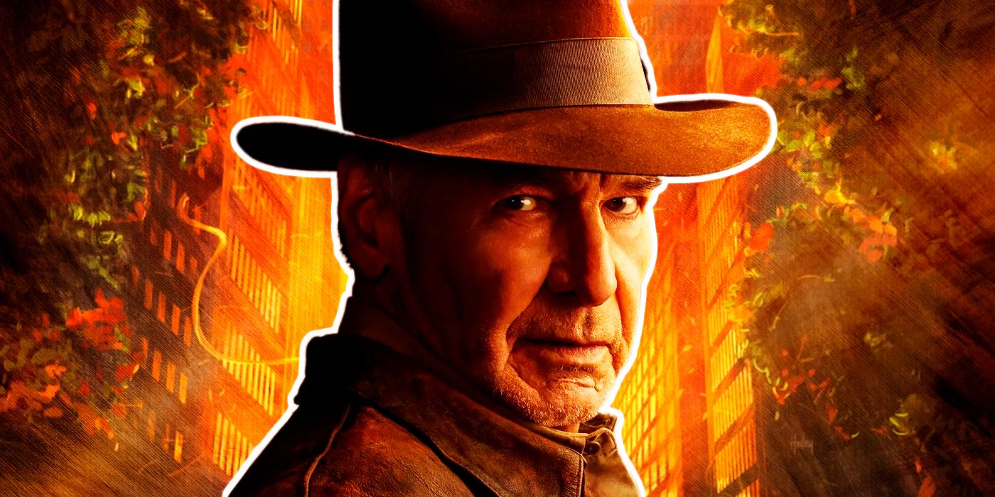 Indiana Jones 5's Harrison Ford in front of an orange background with trees and skyscrapers