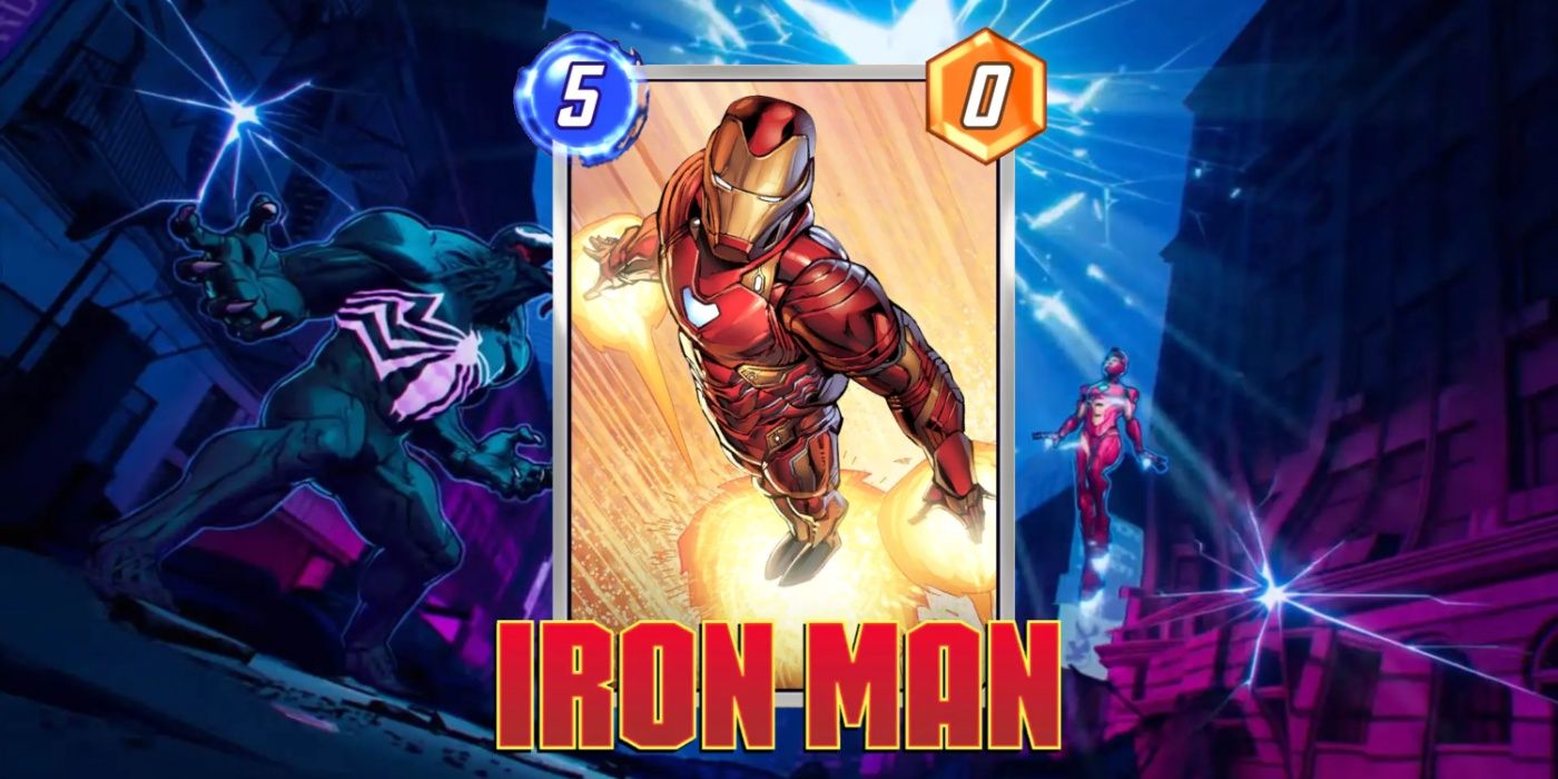 Cartão do Homem de Ferro no Marvel Snap contra fundo de arte promocional