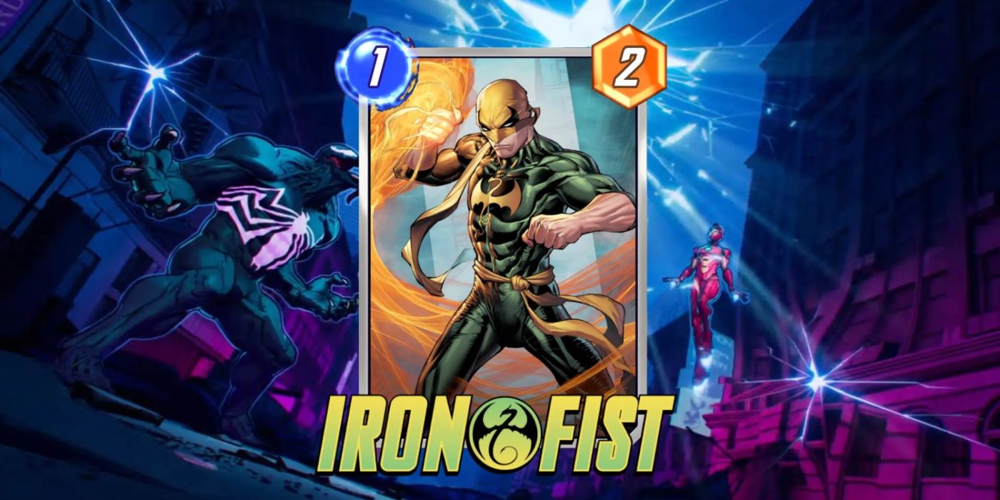 Cartão do Punho de Ferro no Marvel Snap contra fundo de arte promocional