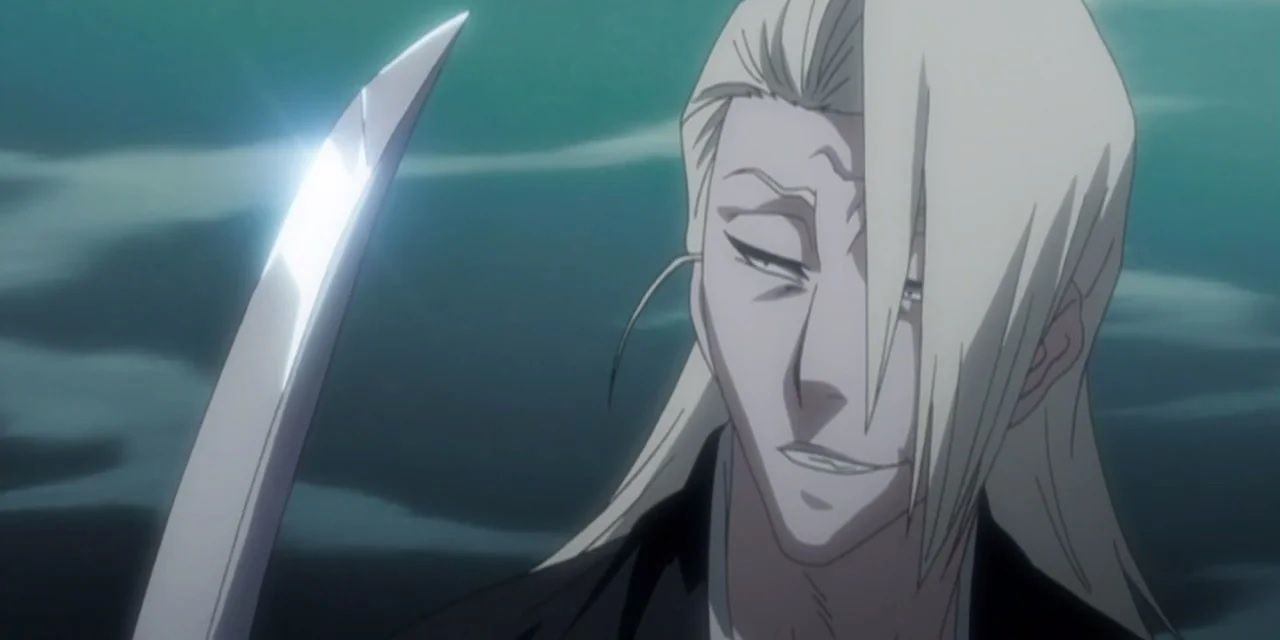 Izuru Kira is looking at his zanpakuto's blade in Bleach