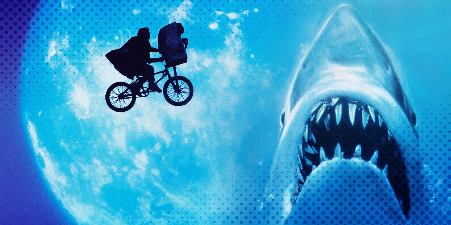 A silhouette of the flying bicycle from E.T. and a shark rising to the surface from the movie poster of JAWS