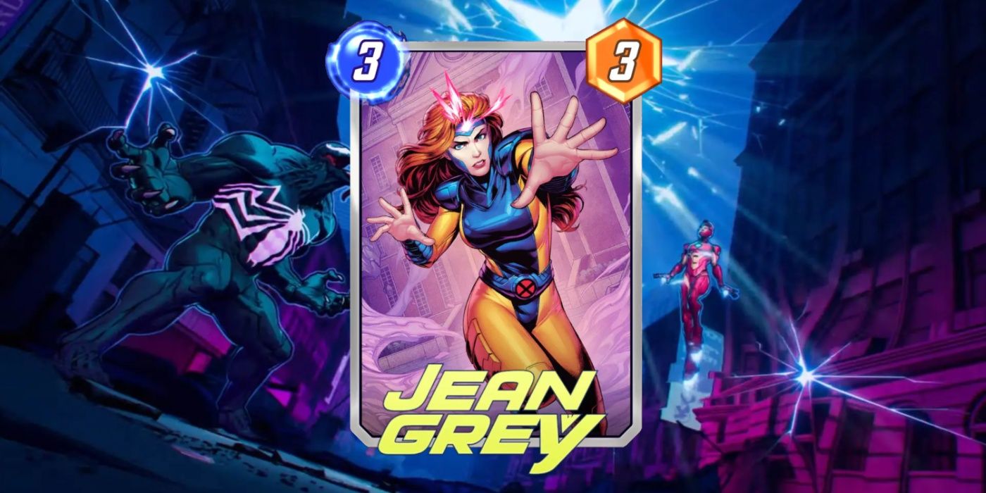 Cartão de Jean Grey no Marvel Snap contra o fundo da arte promocional