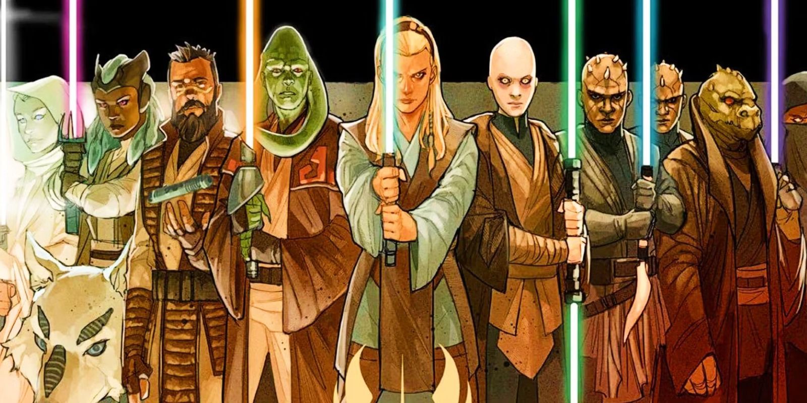 A group of High Republic Jedi with their lightsabers ignited
