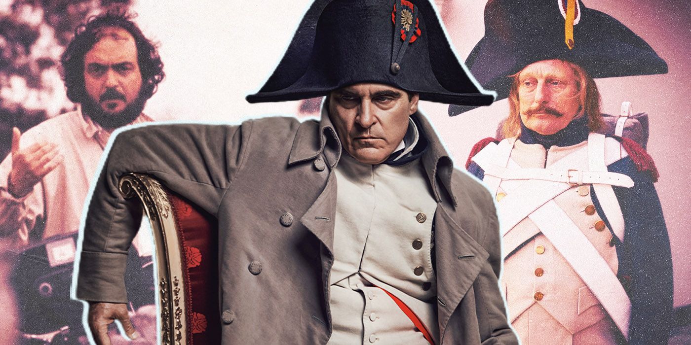 Joaquin Phoenix as Napoleon sitting in front of Stanley Kubrick's Napoleon