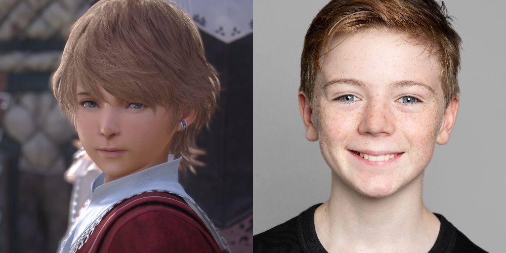 Uma imagem dividida do jovem Joshua Rosfield de Final Fantasy XVI e seu dublador Logan Hannan