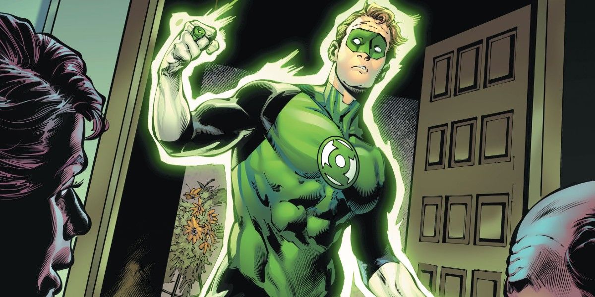 HAL JORDAN Green Lantern WALKS THROUGH DOOR with a terrified expression.