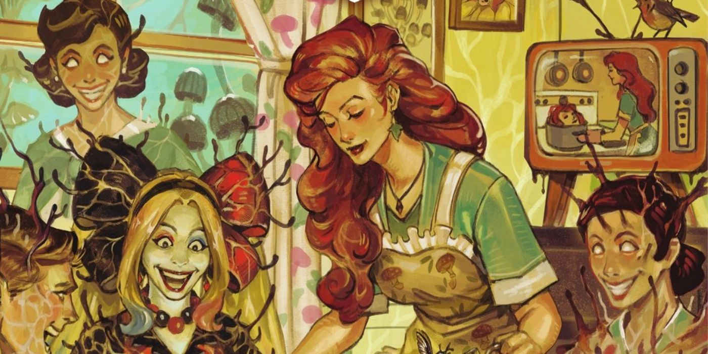 poison ivy at a dinner table surrounded by horrifying nightmare versions of her loved ones and enemies