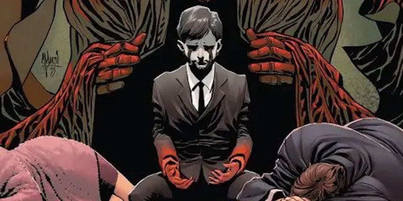 Um trecho da capa de Knight Terrors: Batman #1.  Batman revive a morte de seus pais como Bruce Wayne, de oito anos.