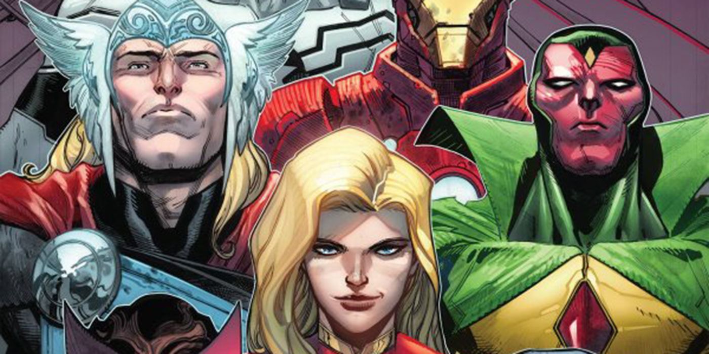 Thor, Captain Marvel, Vision, and Iron Man posing on the cover of Avengers #3