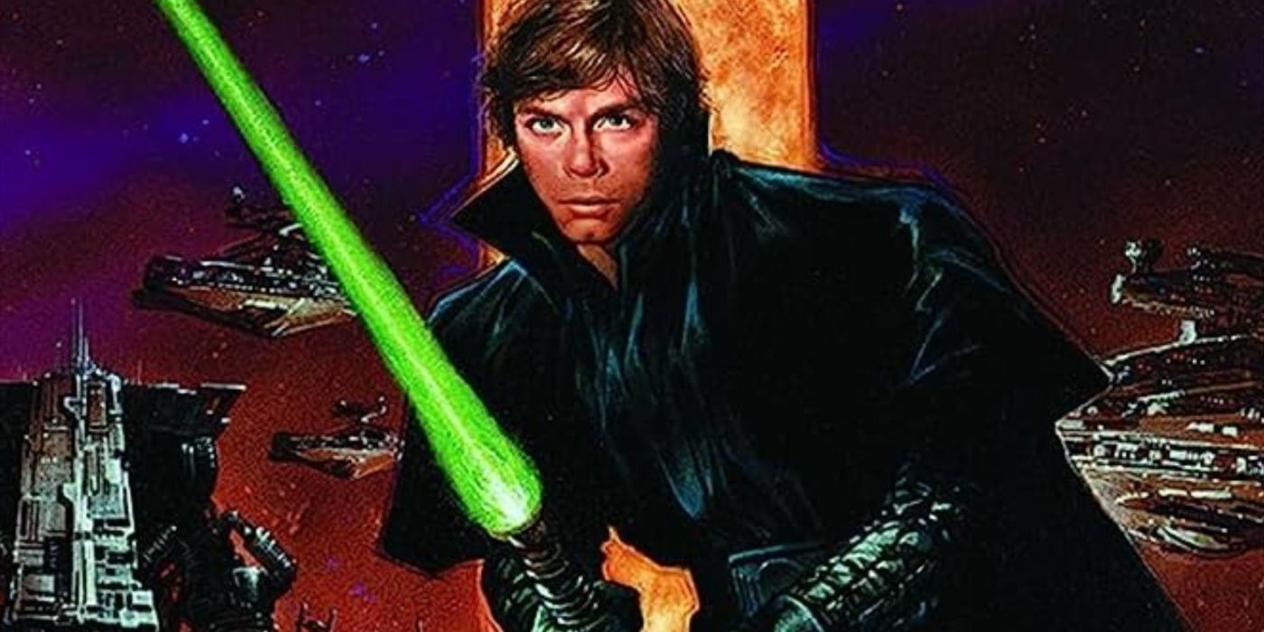 Luke Skywalker empunhando seu sabre de luz verde na capa de Dark Empire.