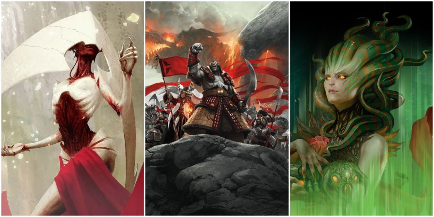 A split image showing New Phyrexia, Khans of Tarkir, and Guilds of Ravnica sets in Magic: The Gathering