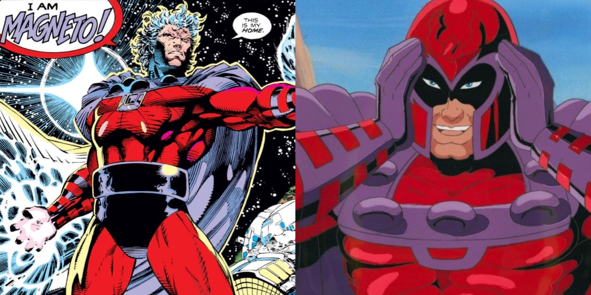 A split image of Magneto in Marvel Comics and Magneto in X-Men Animated Series