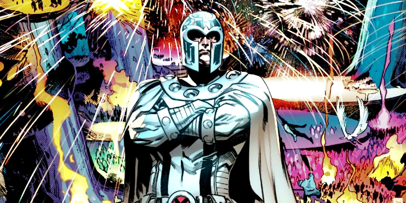 Magneto contra uma colagem de fogos de artifício explodindo em Krakoa nos quadrinhos dos X-Men