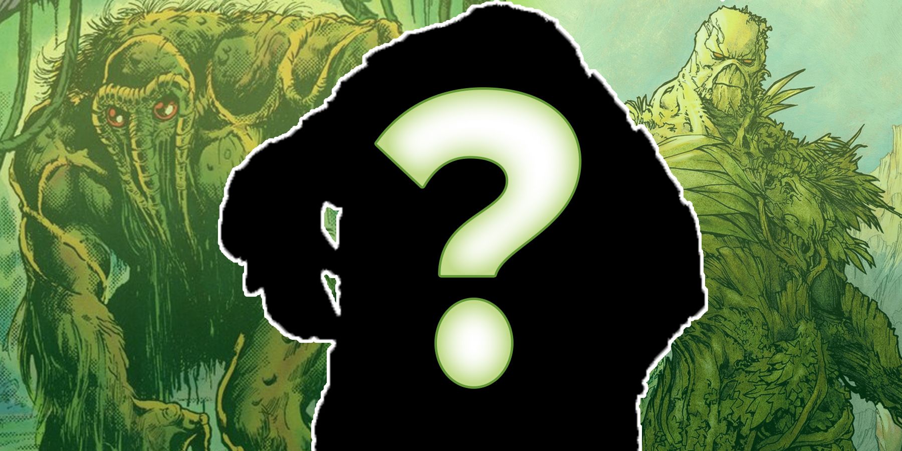 Man-Thing from Marvel comics, Swamp Thing from DC comics, and a mysterious silhouette in the middle with a question mark over it.