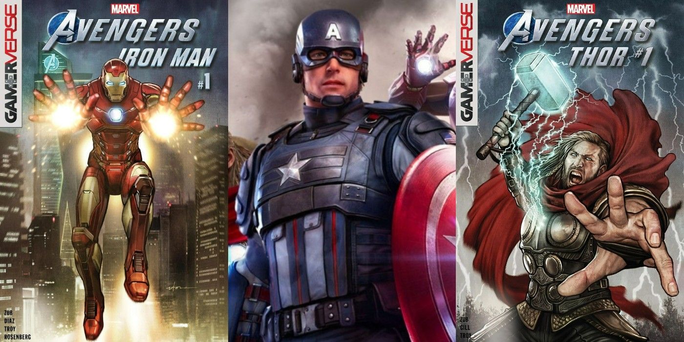 A split image of Marvel's Avengers: Iron Man, Captain America from Marvel's Avengers, and Marvel's Avengers: Thor