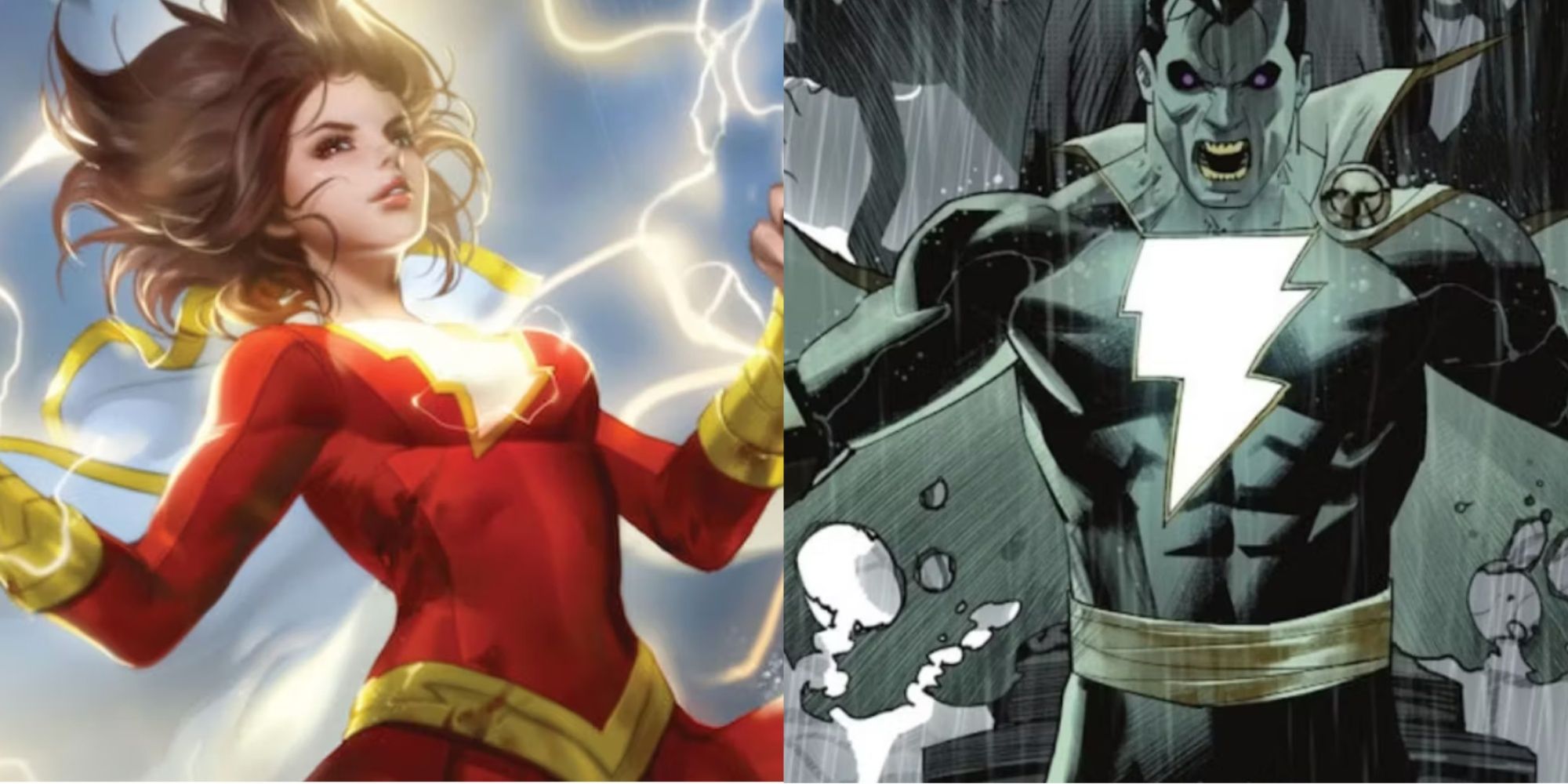 A split image of Mary Marvel and a corrupted Shazam in DC Comics