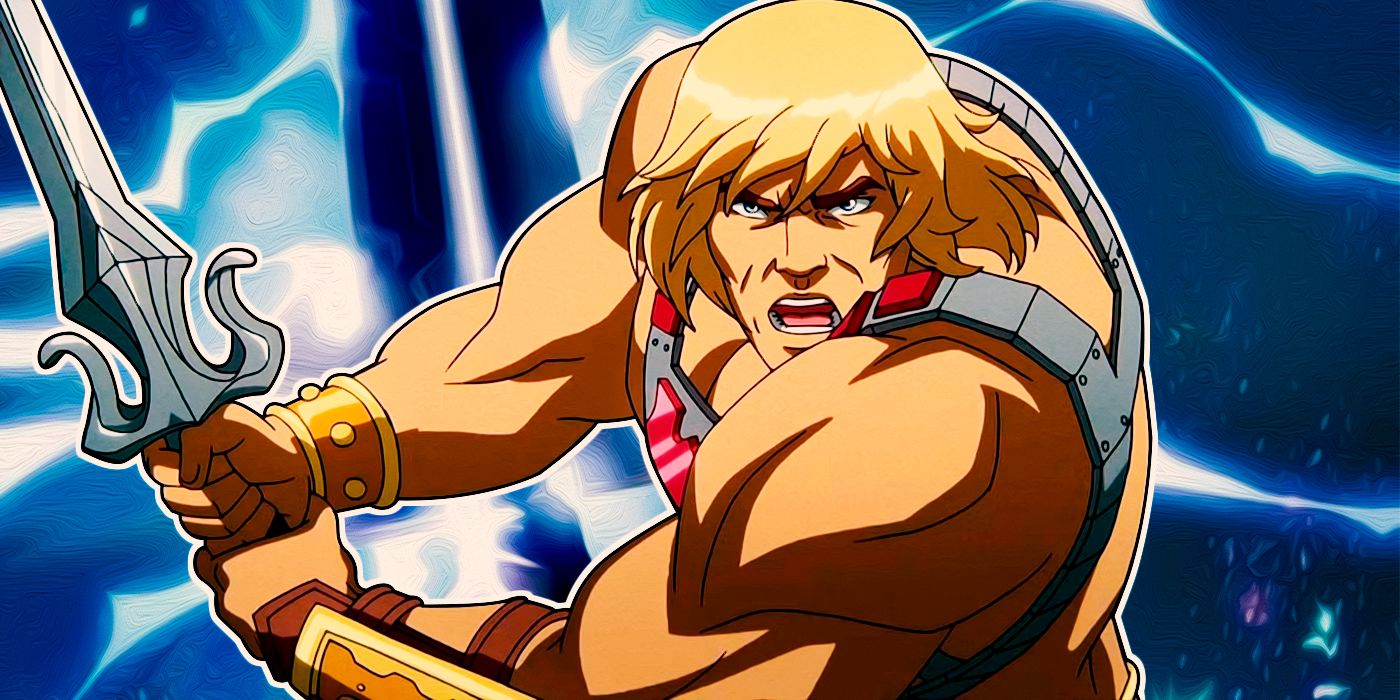 He-Man brandishing his sword with lightning in the background.