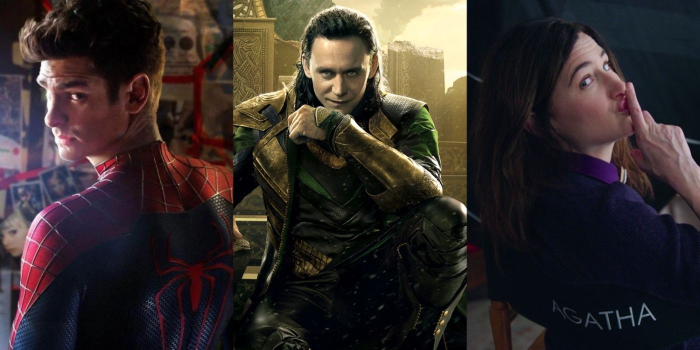 Andrew Garfield as Spider-Man, Tom Hiddleston as Loki and Kathryn Hahn as Agatha Harkness in the MCU.