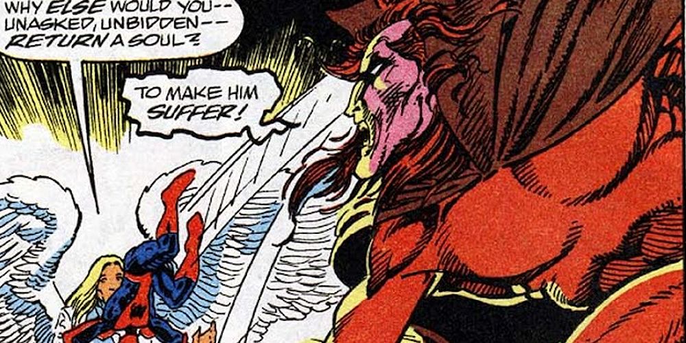 Mephisto throws Spider-Man at an angel in Marvel Holiday Special (1993)