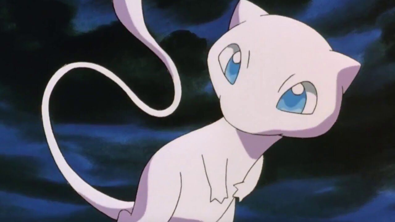 Mew from the Pokemon movie flying observantly