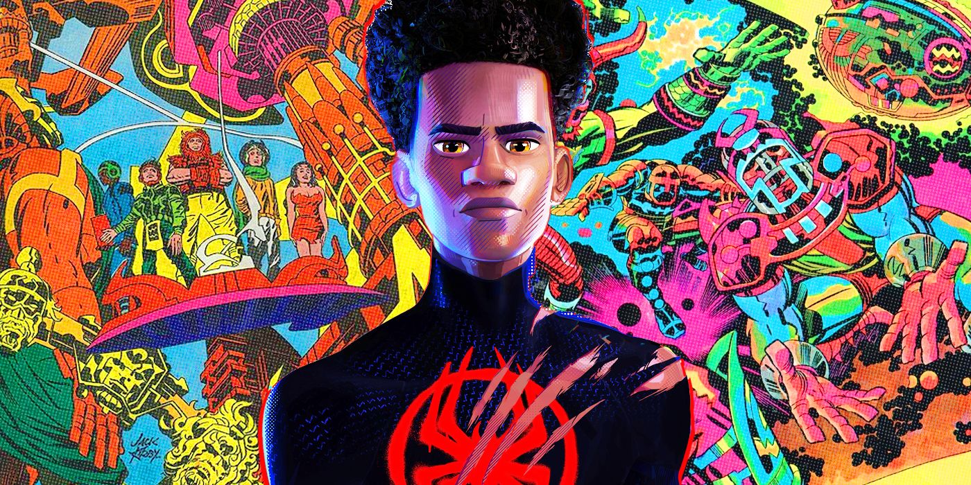 Miles Morales Across the Spiderverse in front of Jack Kirby's Art