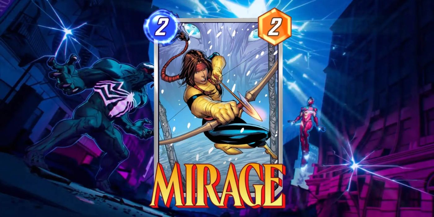 Cartão de Mirage no Marvel Snap contra o fundo da arte promocional