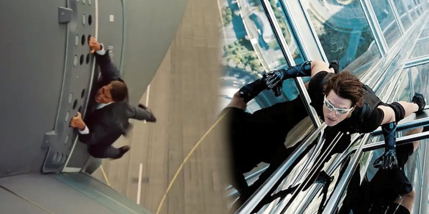 Split image of Ethan Hunt climbing a building and holding onto a plane.