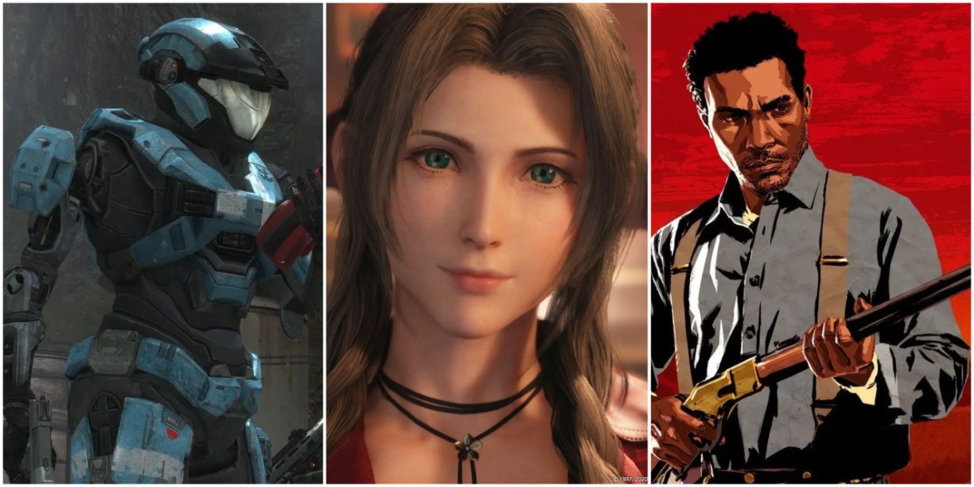A split image showing Kat in Halo: Reach, Aerith in Final Fantasy VII, and Lenny in Red Dead Redemption II
