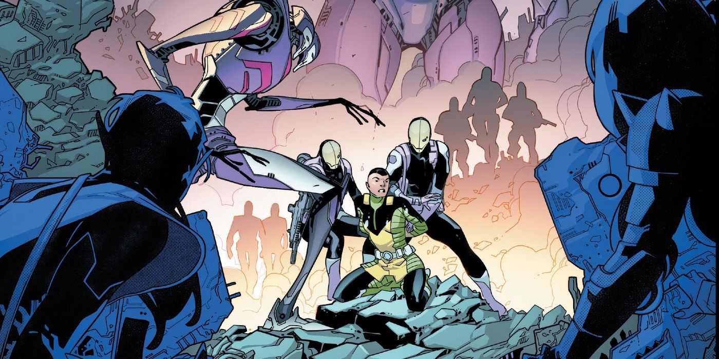 Mutantes enfrentando Sentinelas em um futuro sombrio da Marvel Comics.