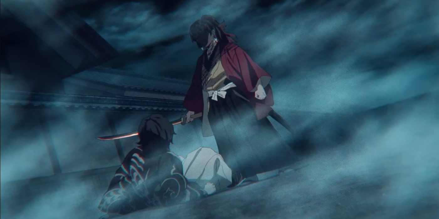 Demon Slayer's Yoriichi Tsugikuni stands over a defeated Muzan with sword in hand
