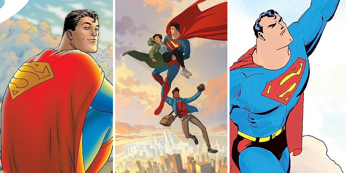 split image: My Adventures with Superman animated series poster, and All-Star Superman and For All Seasons comic covers