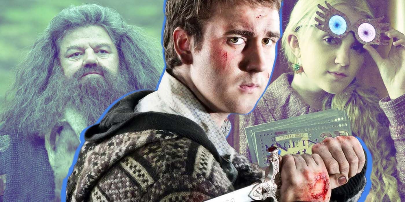 Neville Longbottom in front of Rubeus Hagrid and Luna Lovegood
