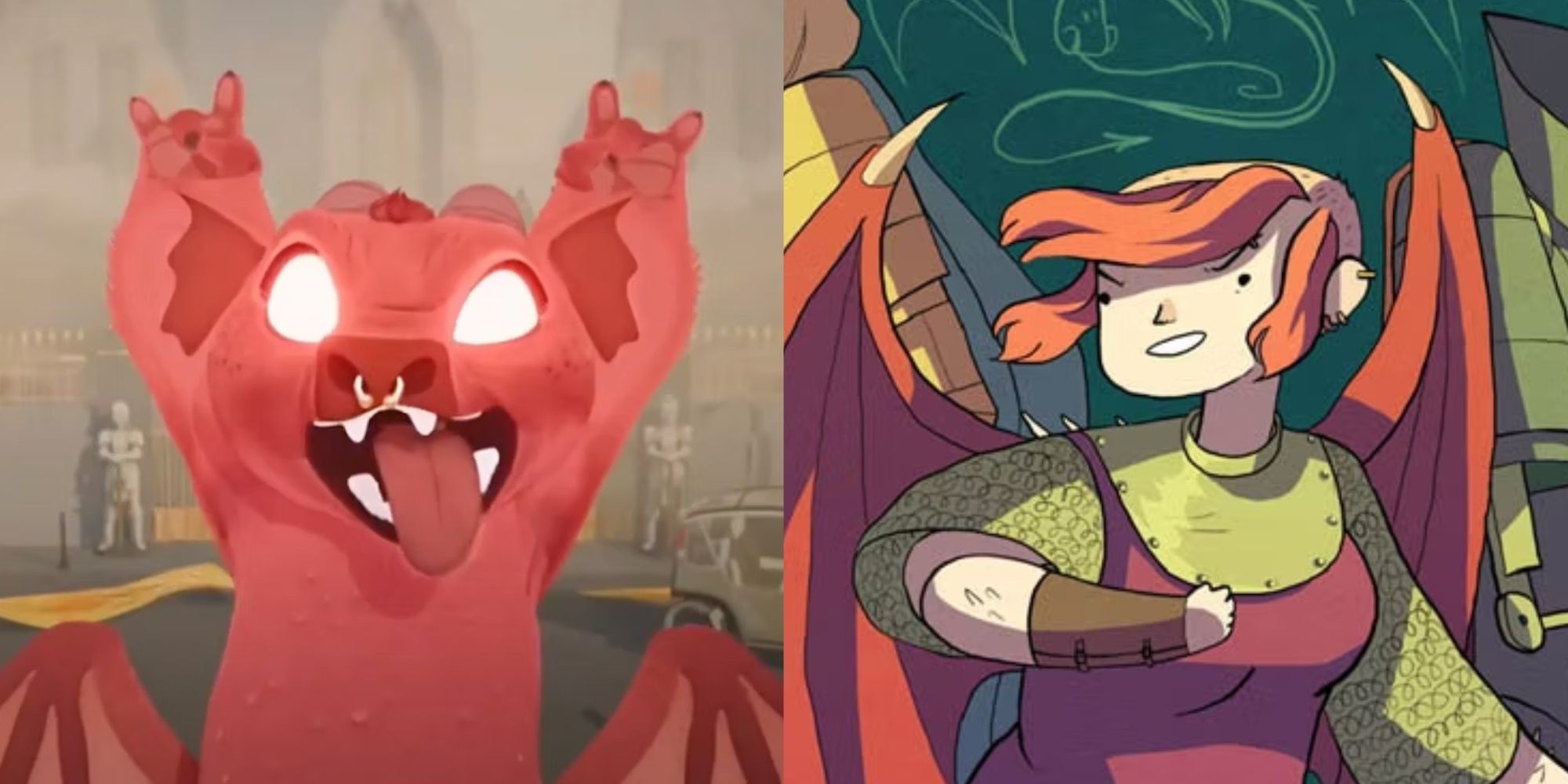 A split image of animated Nimona as a dragon and bat-winged Nimona from the comic