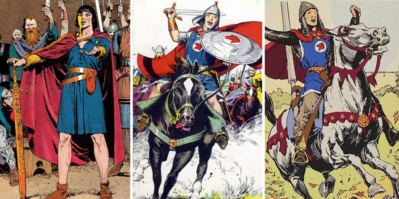 split image: Old Prince Valiant riding a horse with a raised shield and sword in comic strips