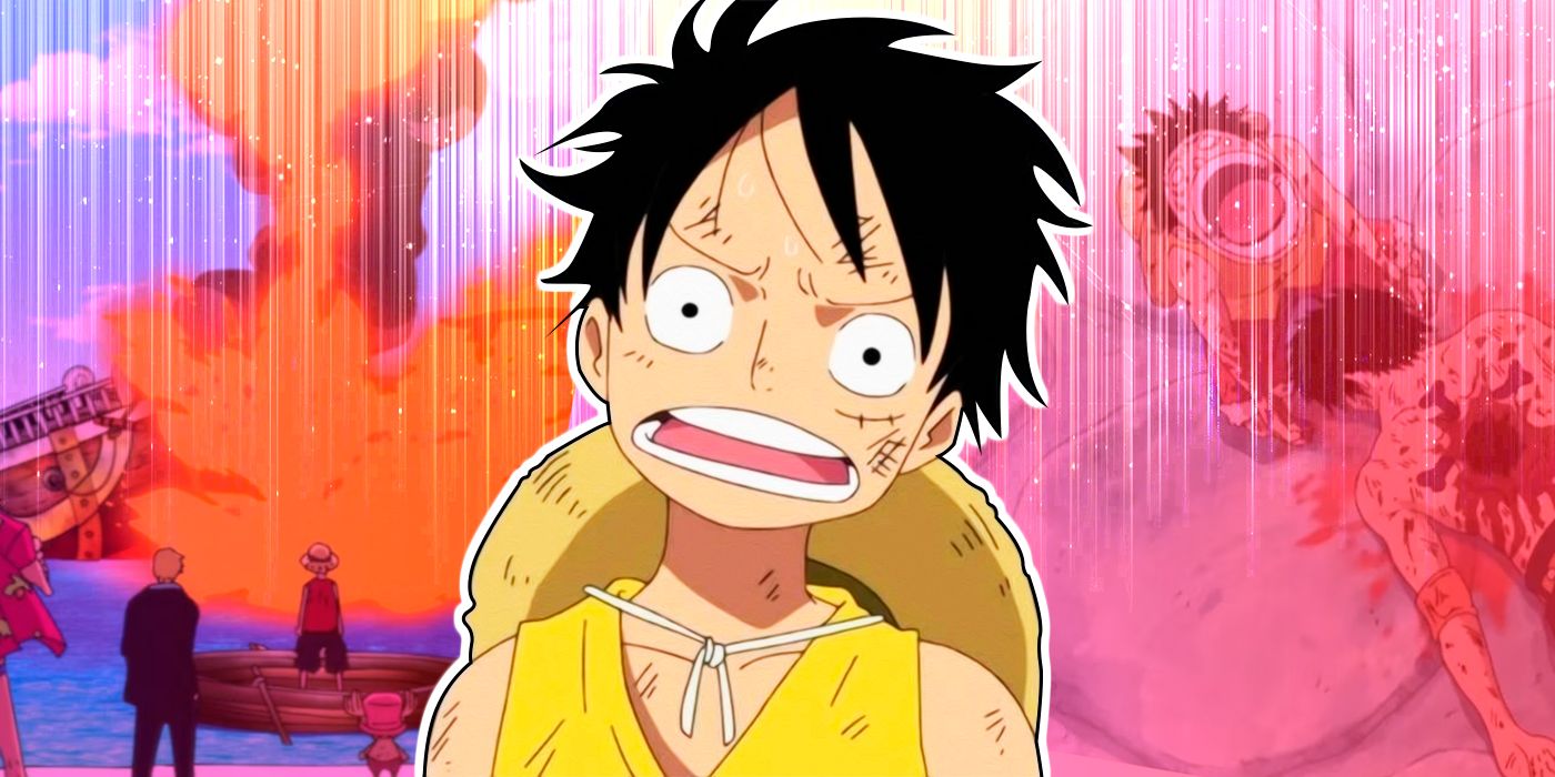 One Piece's Luffy with a confused expression against a collage of anime scenes