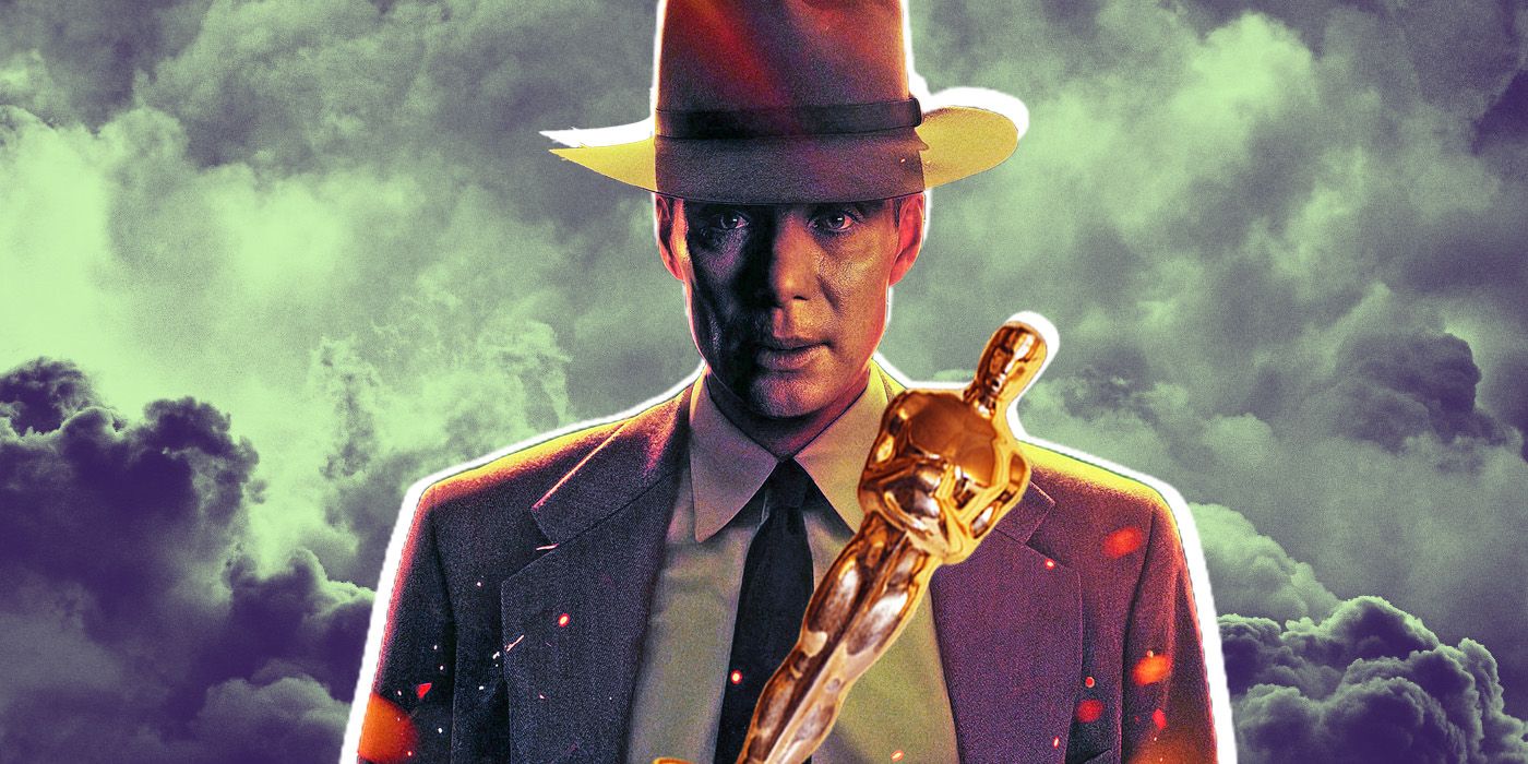 Cillian Murphy as Oppenheimer with an Oscar in front of gray clouds