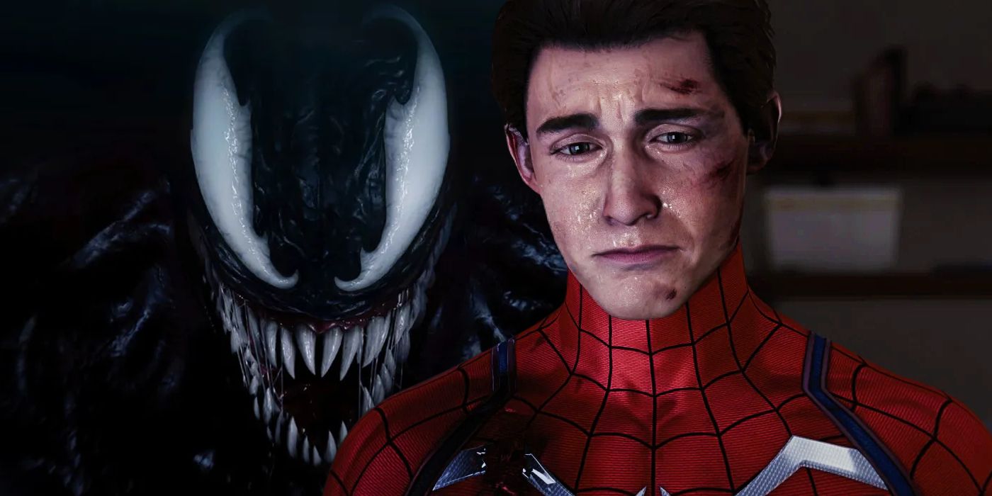 Split Image: Venom and Peter Parker in Insomniac's Spider-Man video games